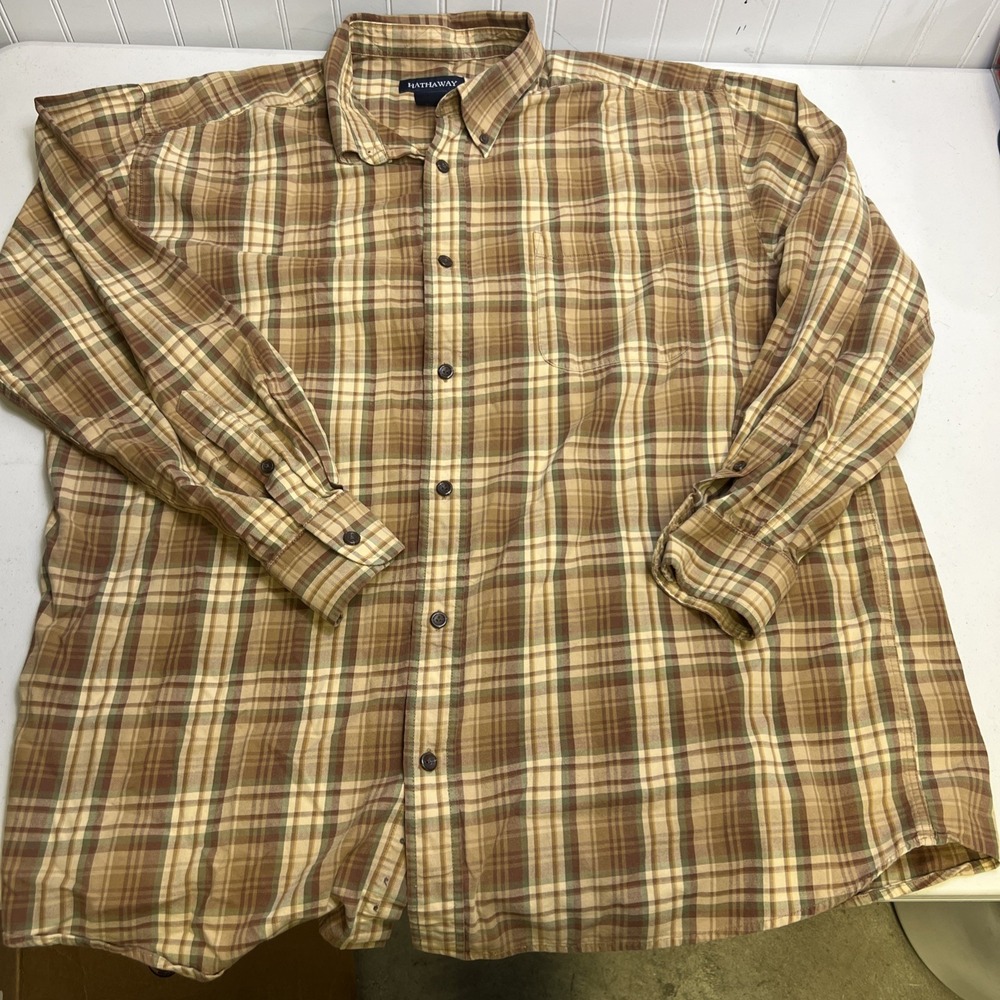 Hathaway Shirt Men's XL Beige Plaid Long Sleeves Button Down 100% Cotton
